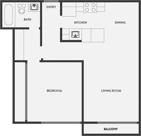 Floor plan for 1 bed, 1 bath, 659 sqft